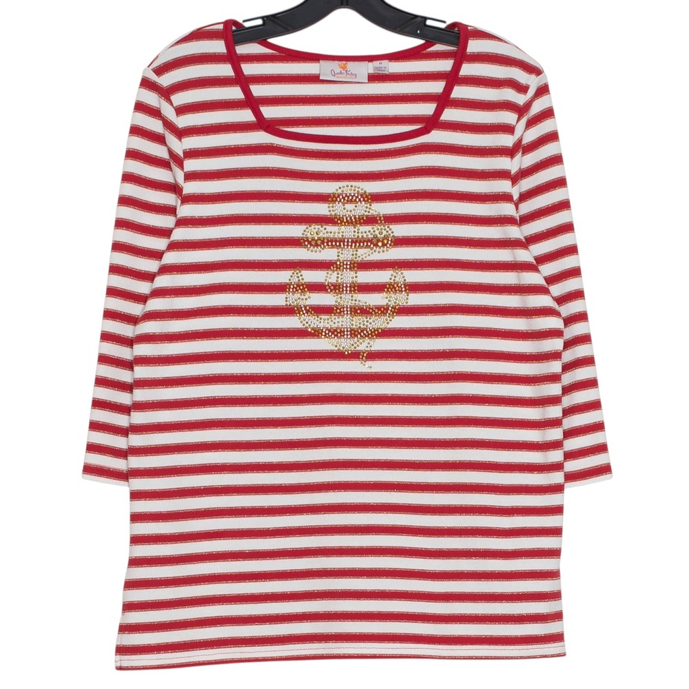 Quacker Factory 3/4 Sleeve Top Embellished Anchor Striped Nautical Coastal Red M